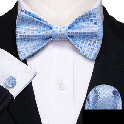 Blue Grey Plaid Silk Bow Tie Set bow ties    - Sophisticated Gentlemen