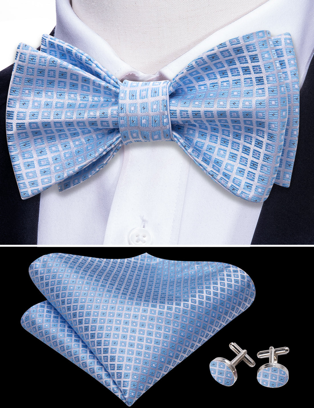 Blue Grey Plaid Silk Bow Tie Set bow ties    - Sophisticated Gentlemen