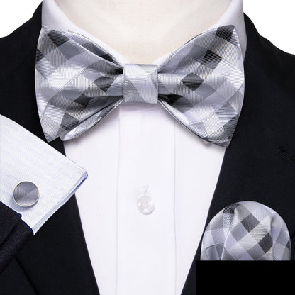 Grey White Plaid Bow Tie Set bow ties    - Sophisticated Gentlemen