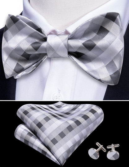 Grey White Plaid Bow Tie Set bow ties    - Sophisticated Gentlemen