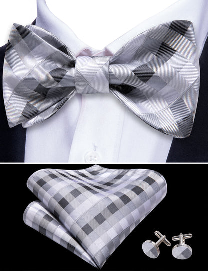 Grey White Plaid Bow Tie Set bow ties    - Sophisticated Gentlemen