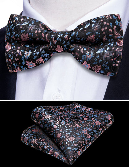 Black Pink Floral Silk Children Bow Tie Set bow ties    - Sophisticated Gentlemen