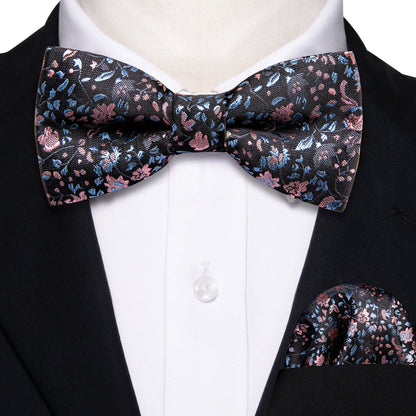 Black Pink Floral Silk Children Bow Tie Set bow ties    - Sophisticated Gentlemen