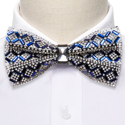 Shining Blue White Plaid Rhinestones Bow Tie Set bow ties    - Sophisticated Gentlemen