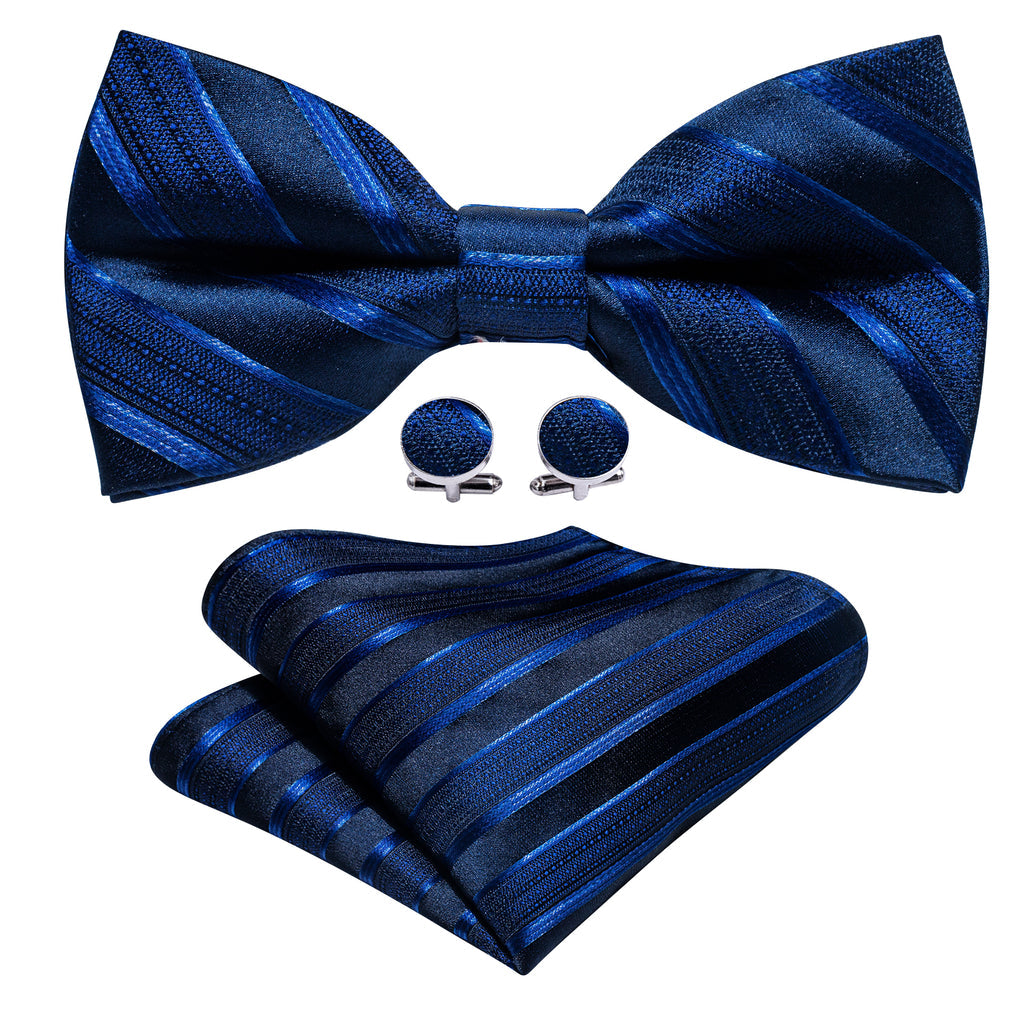 Blue Black Striped Silk Bow Tie Set bow ties    - Sophisticated Gentlemen