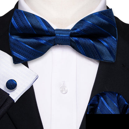 Blue Black Striped Silk Bow Tie Set bow ties    - Sophisticated Gentlemen