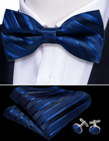Blue Black Striped Silk Bow Tie Set bow ties    - Sophisticated Gentlemen