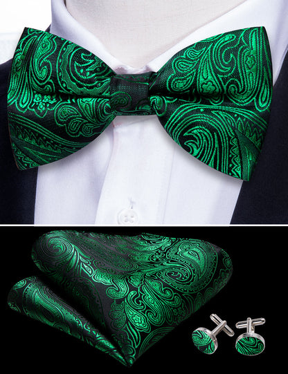 Green Paisley Silk Bow Tie Set bow ties    - Sophisticated Gentlemen