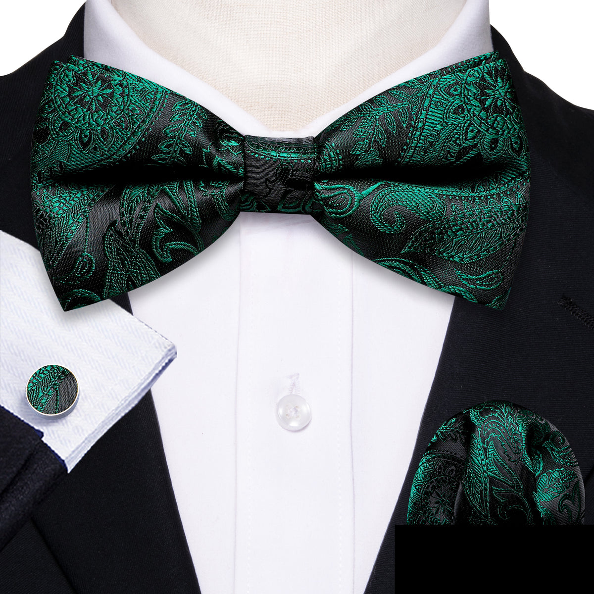 Green Black Paisley Bow Tie Set bow ties    - Sophisticated Gentlemen