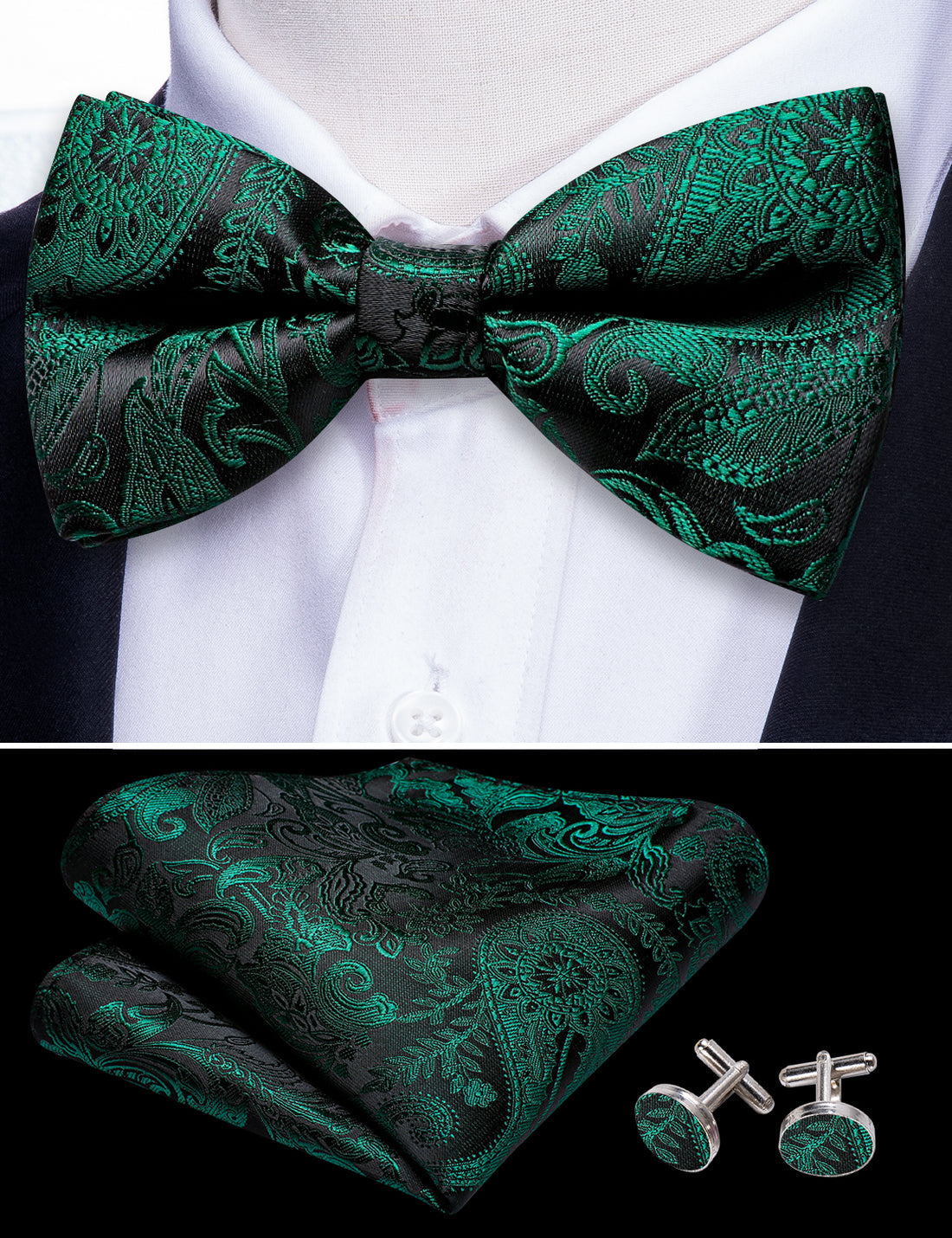 Green Black Paisley Bow Tie Set bow ties    - Sophisticated Gentlemen