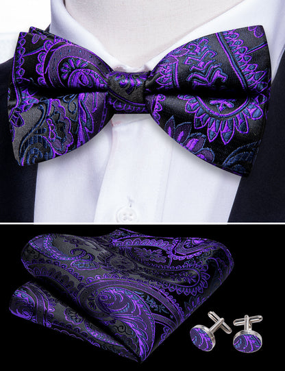 Purple Black Paisley Bow Tie Set bow ties    - Sophisticated Gentlemen