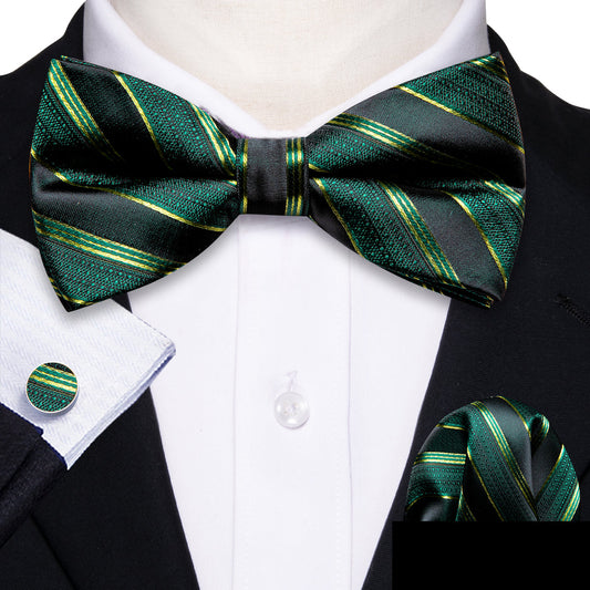 Green Black Striped Bow Tie Set bow ties    - Sophisticated Gentlemen