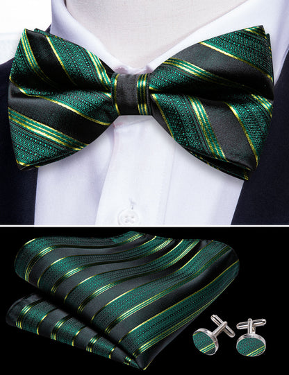 Green Black Striped Bow Tie Set bow ties    - Sophisticated Gentlemen
