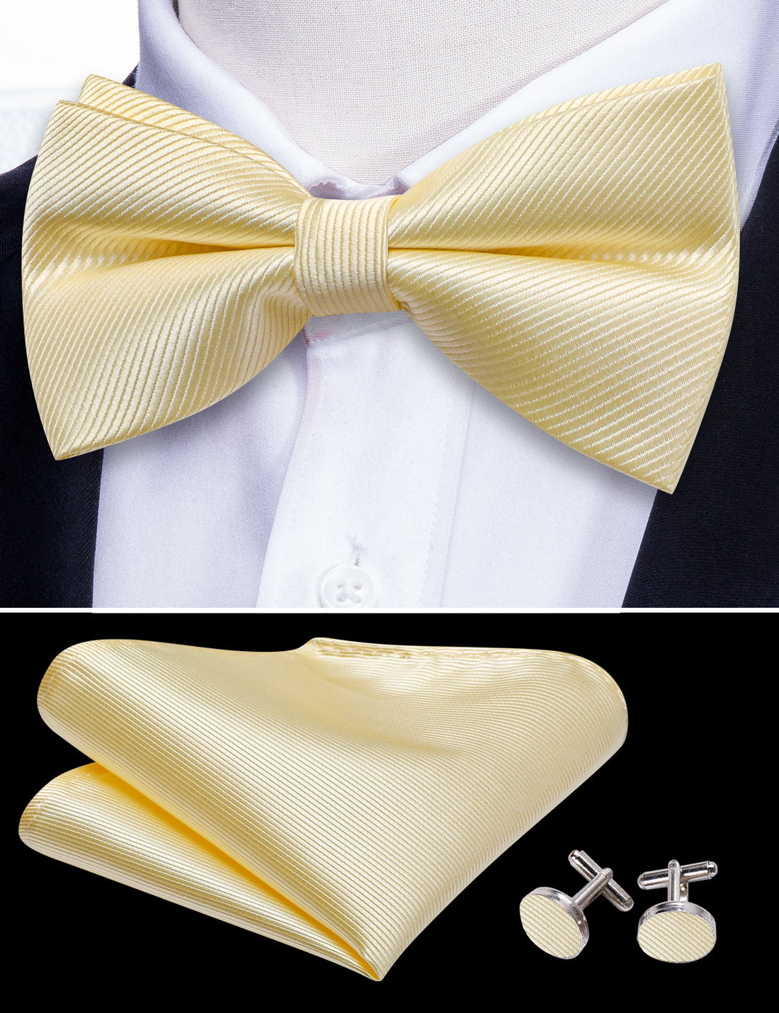 Lemon Chiffon Solid Bow Tie Set bow ties    - Sophisticated Gentlemen