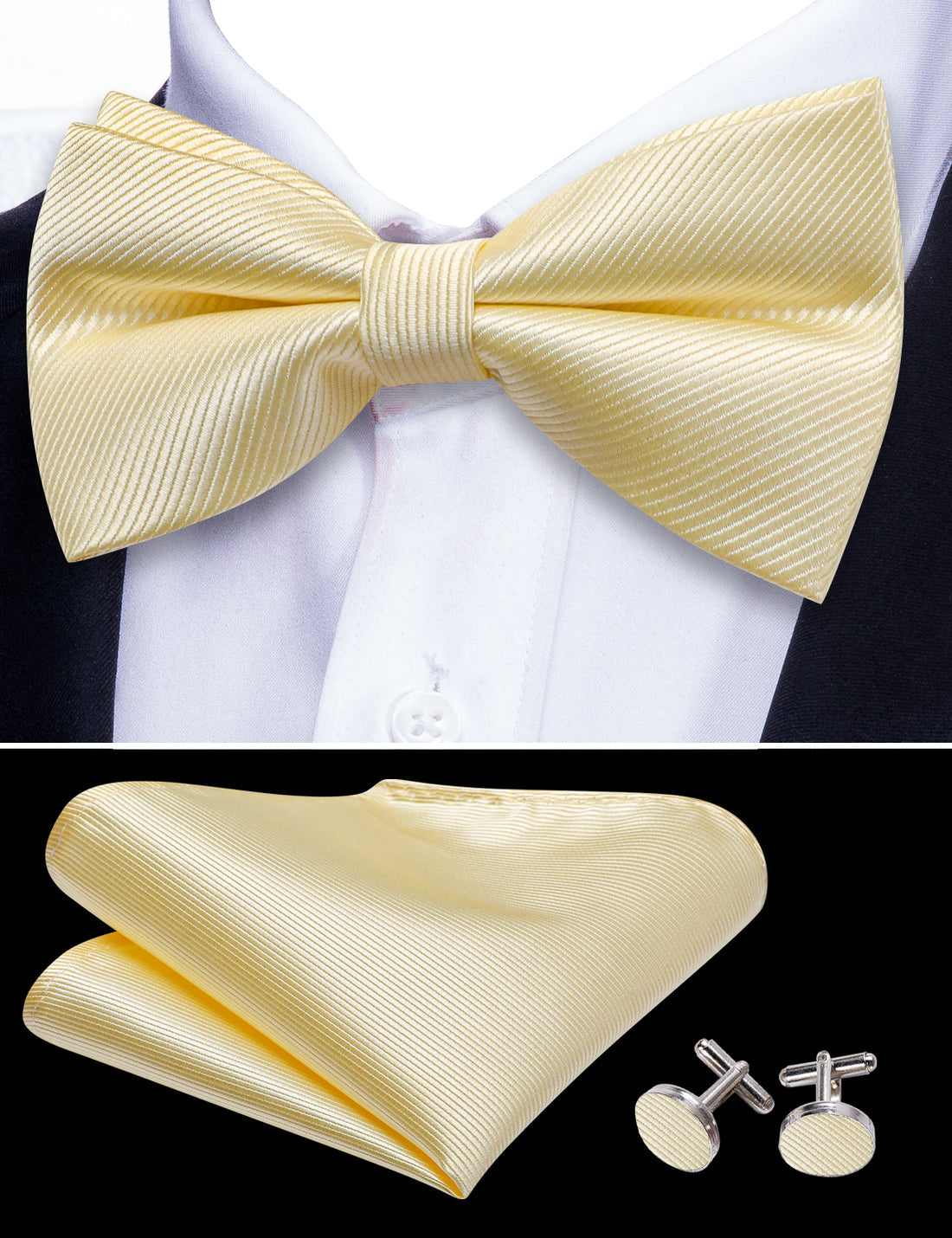 Lemon Chiffon Solid Bow Tie Set bow ties    - Sophisticated Gentlemen