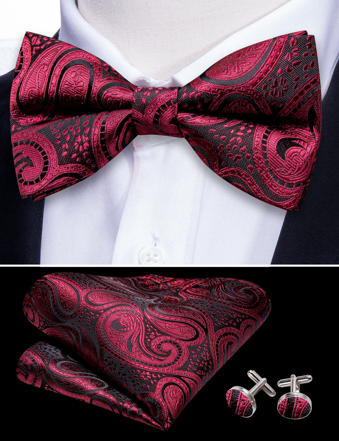 Black Red Paisley Beautiful Bow Tie Set bow ties    - Sophisticated Gentlemen