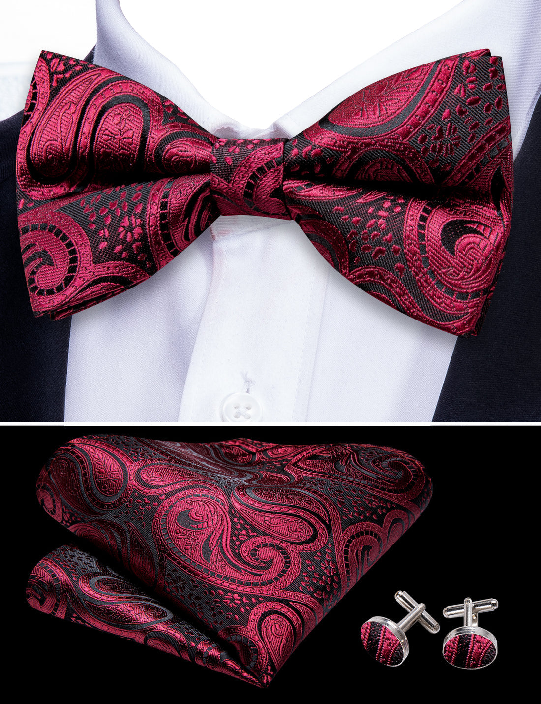 Black Red Paisley Beautiful Bow Tie Set bow ties    - Sophisticated Gentlemen