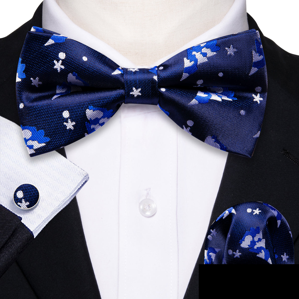 Blue White Xmas Tree Silk Bow Tie Set bow ties    - Sophisticated Gentlemen