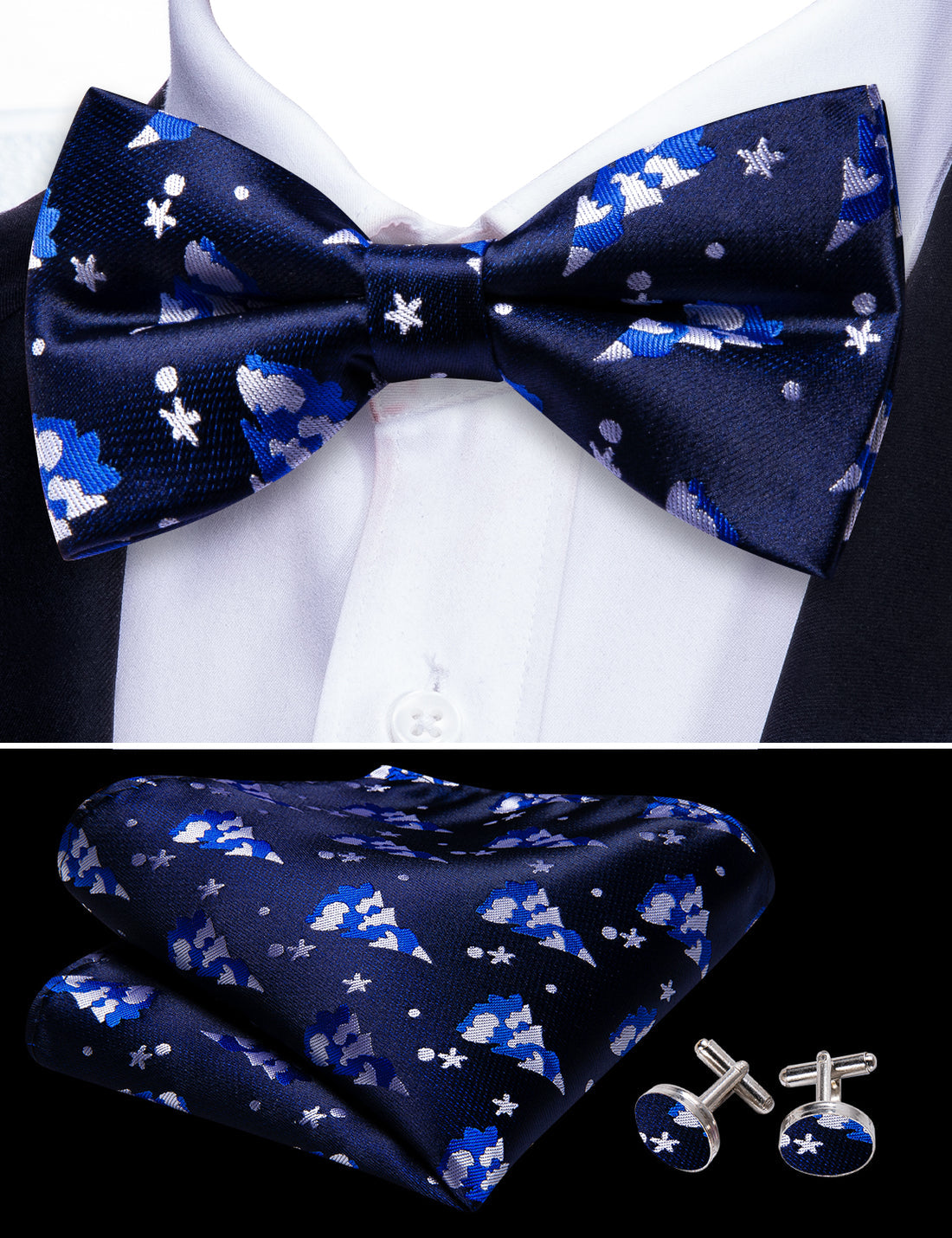 Blue White Xmas Tree Silk Bow Tie Set bow ties    - Sophisticated Gentlemen