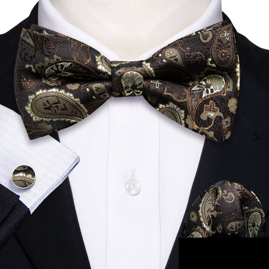 Brown Silver Paisley Bow Tie Set bow ties    - Sophisticated Gentlemen