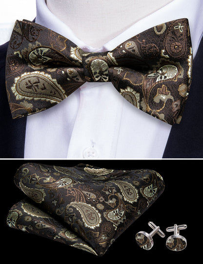 Brown Silver Paisley Bow Tie Set bow ties    - Sophisticated Gentlemen
