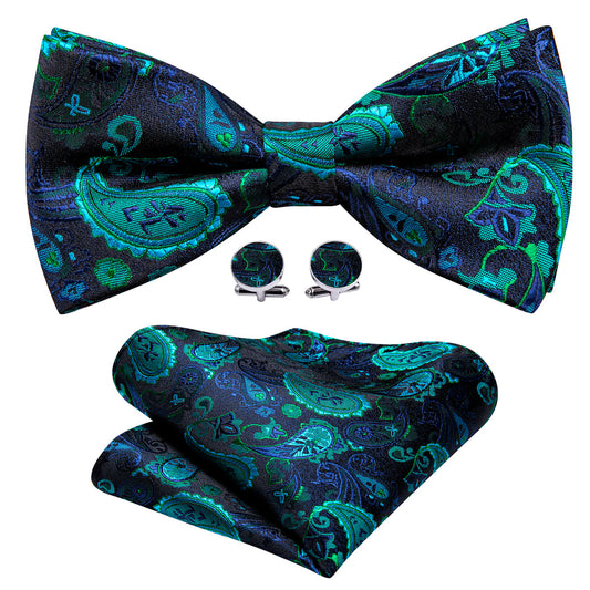 Teal Blue Paisley Bow Tie Set bow ties    - Sophisticated Gentlemen
