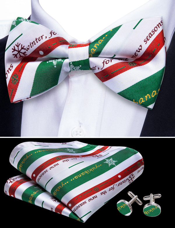 Vintage Green Holly Christmas Bow Tie & Pocket Square Set – 100% Cotton, Handmade In UK