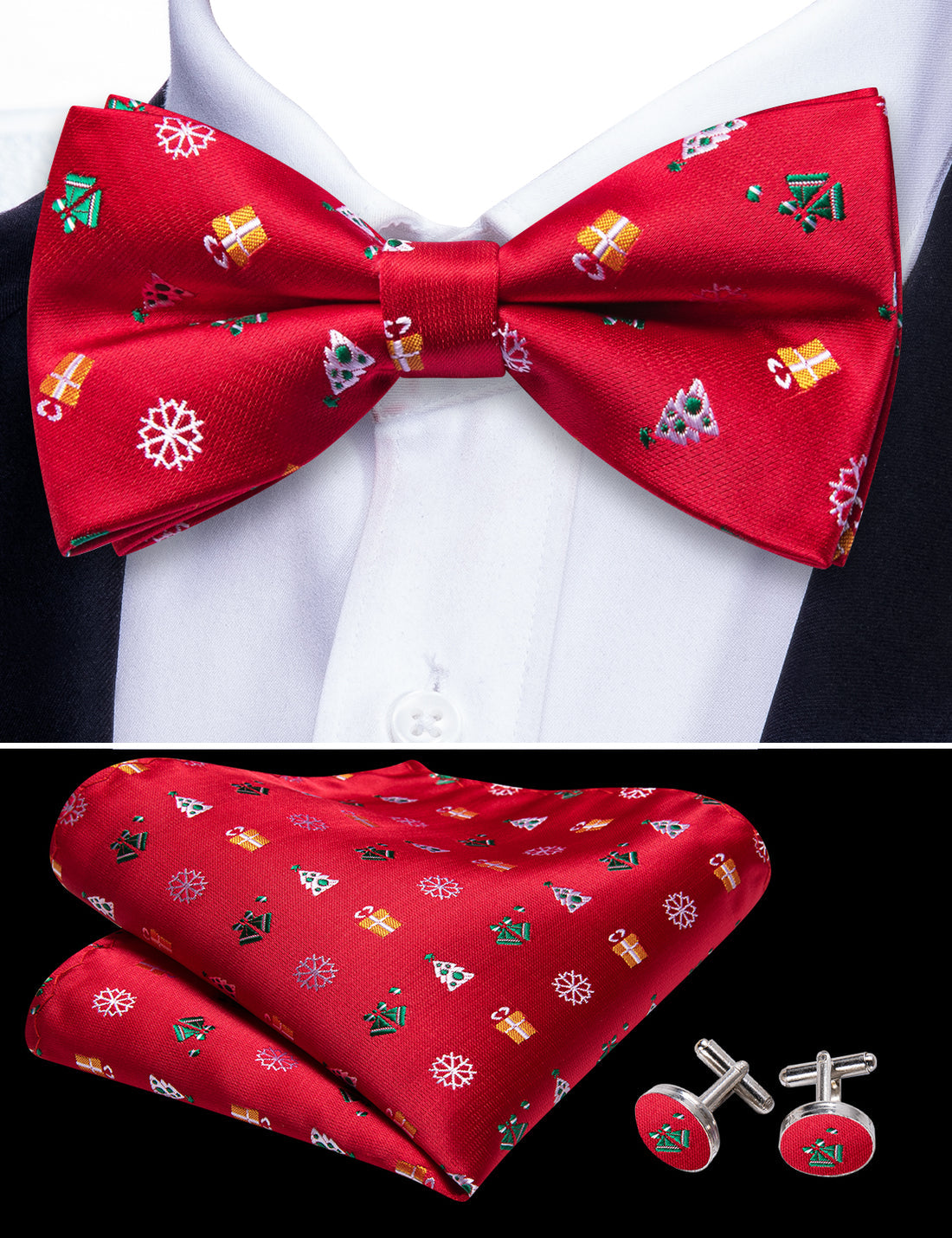 Red Xmas Pattern Bow Tie Set bow ties    - Sophisticated Gentlemen