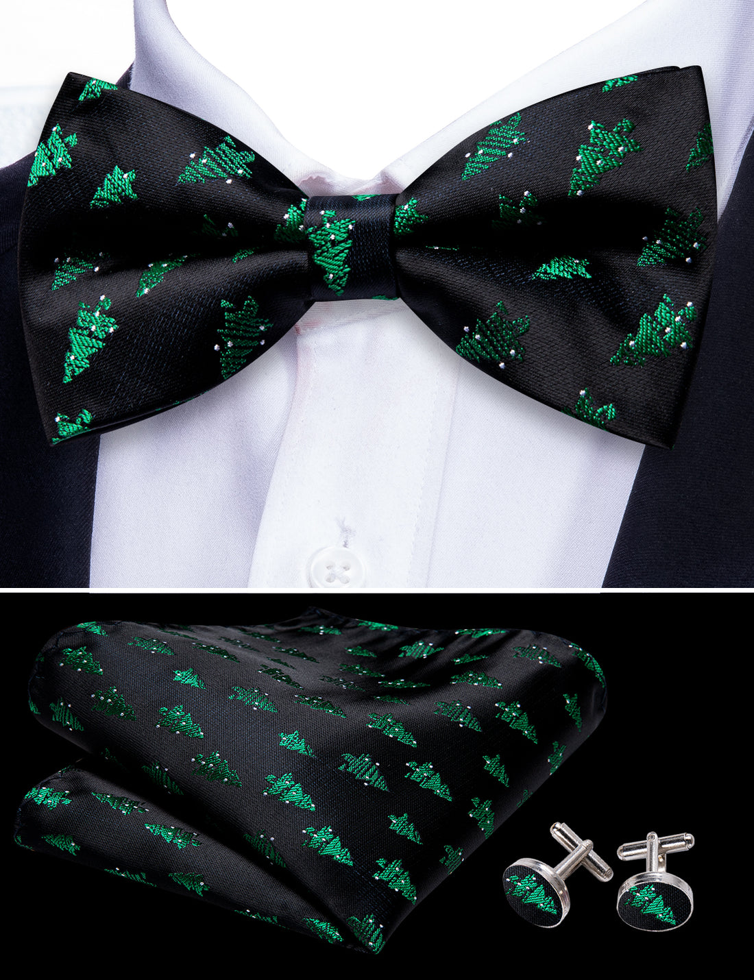 Black Green Xmas Tree Bow Tie Set bow ties    - Sophisticated Gentlemen