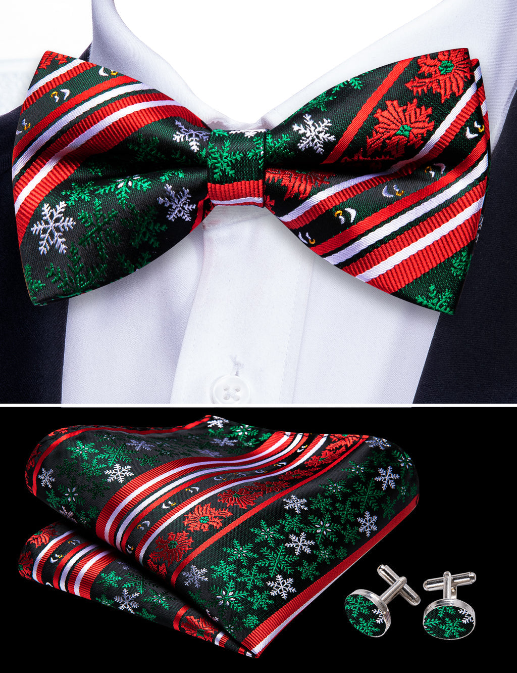 Red Green Christmas Snowflake Bow Tie Set bow ties    - Sophisticated Gentlemen