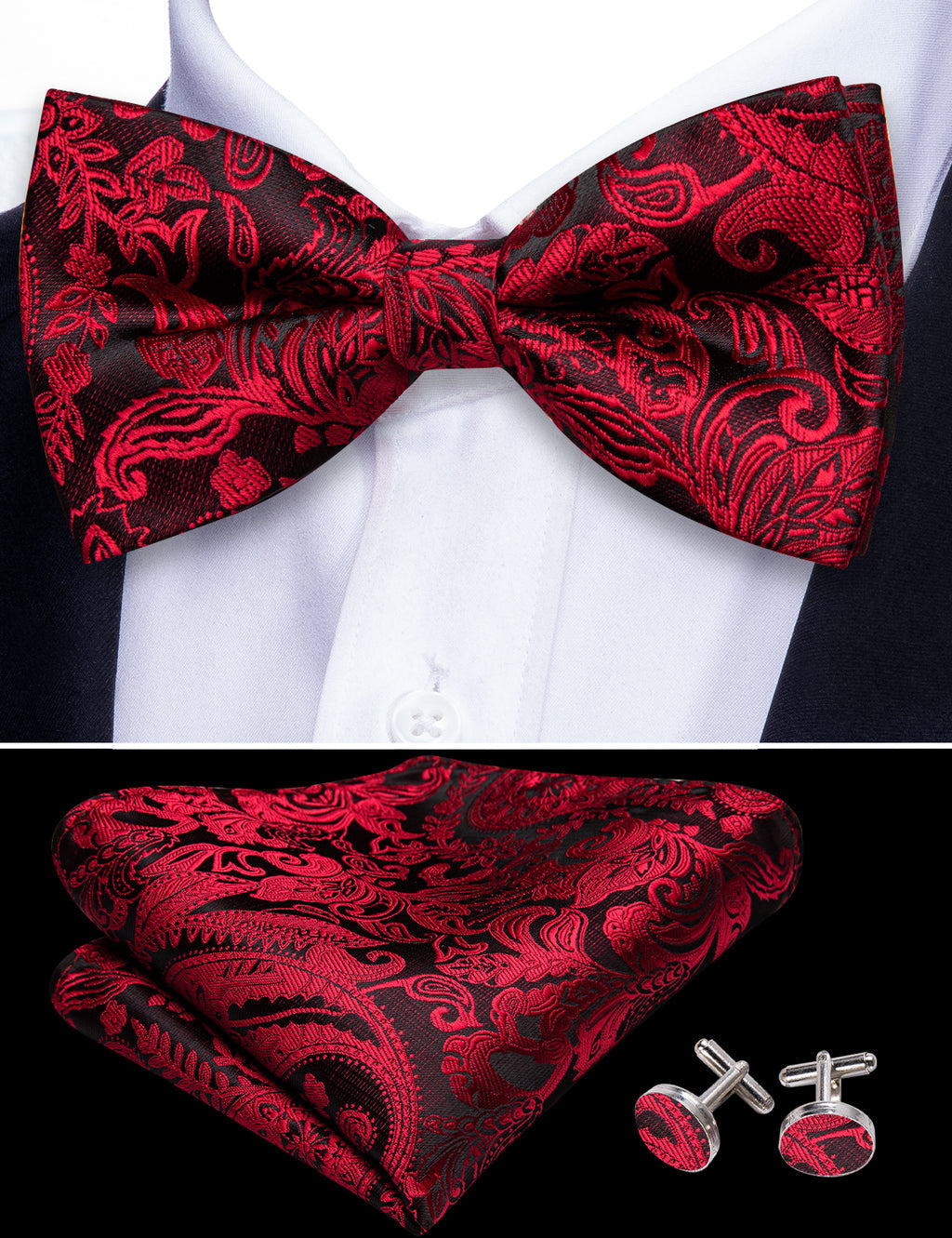 Black Red Paisley Bow Tie Set bow ties    - Sophisticated Gentlemen