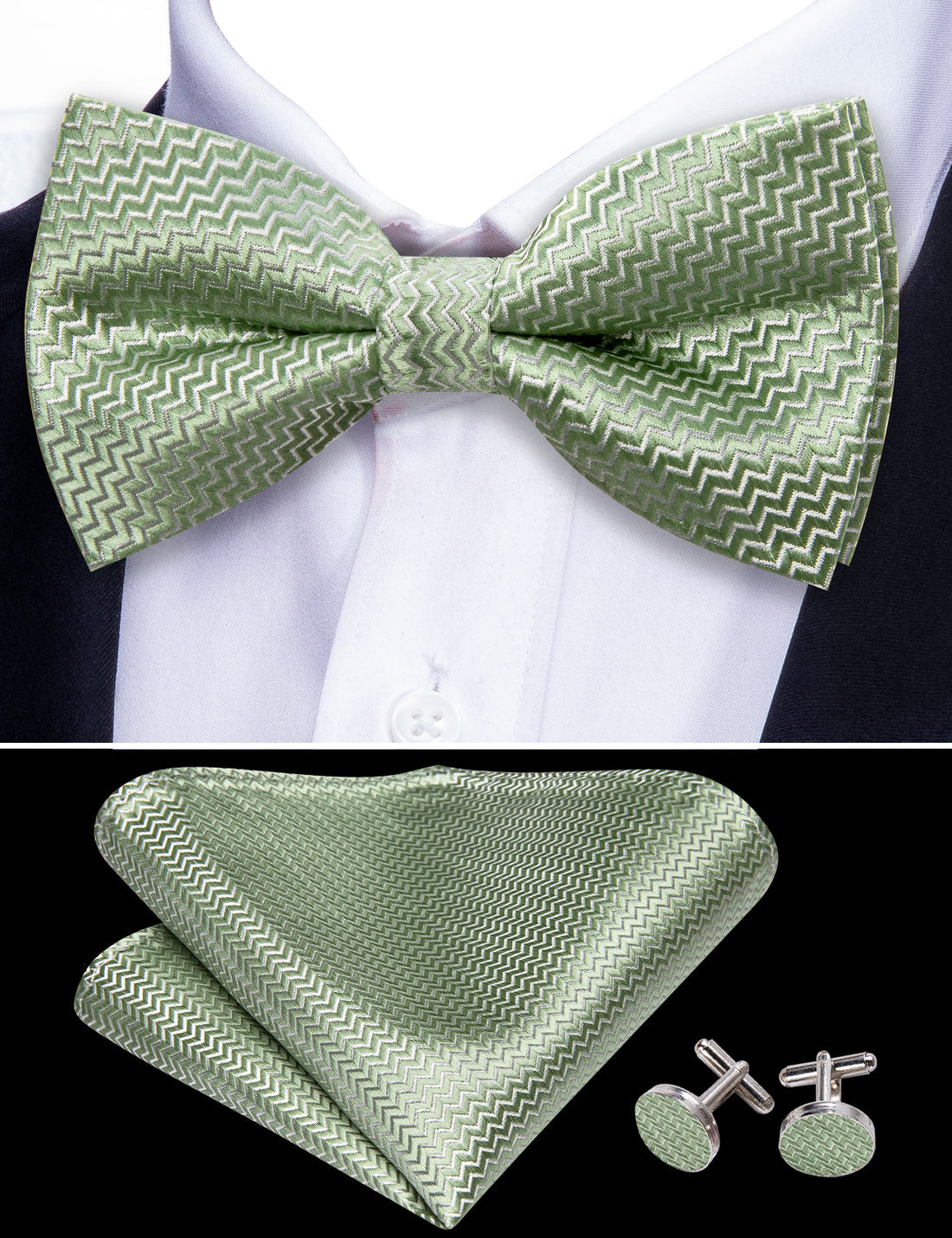 Green Curve Silk Bow Tie Set bow ties    - Sophisticated Gentlemen