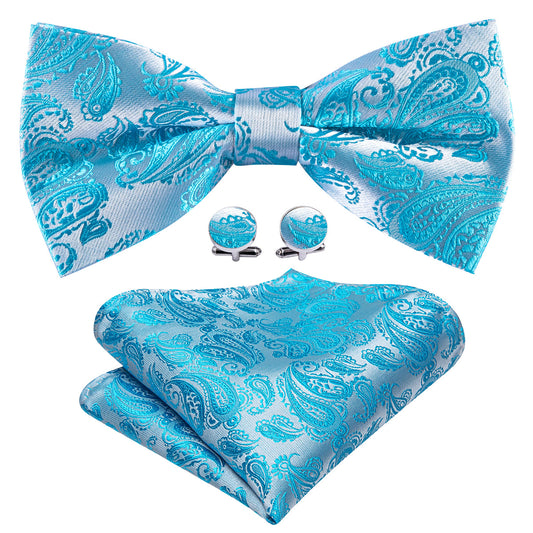 Pale Blue Silver Paisley Silk Bow Tie Set bow ties    - Sophisticated Gentlemen