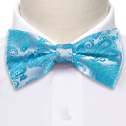 Pale Blue Silver Paisley Silk Bow Tie Set bow ties    - Sophisticated Gentlemen