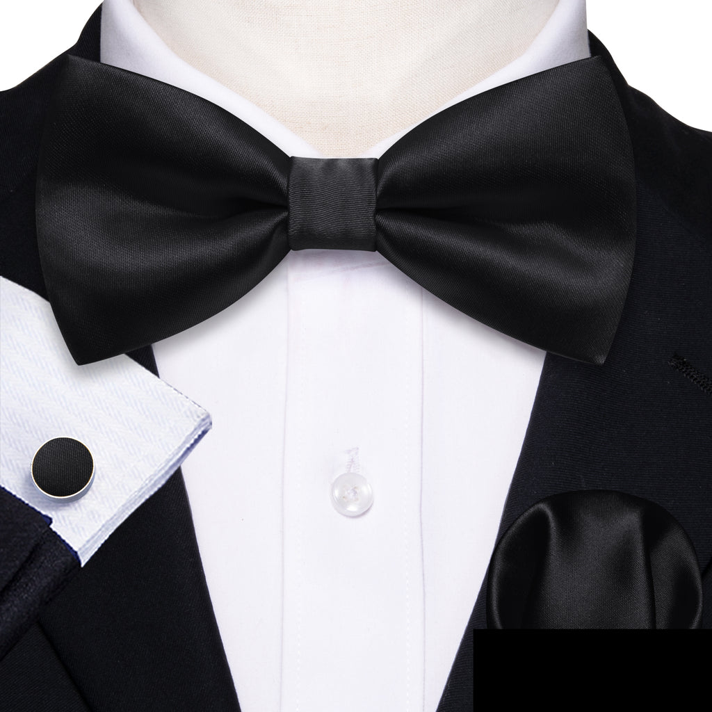 Black Solid Silk Bow Tie Set bow ties    - Sophisticated Gentlemen