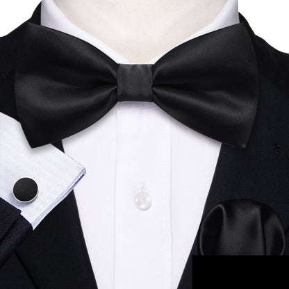 Black Solid Silk Bow Tie Set bow ties    - Sophisticated Gentlemen