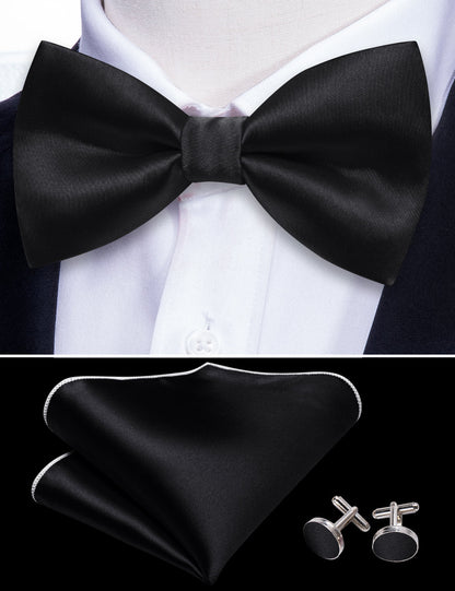 Black Solid Silk Bow Tie Set bow ties    - Sophisticated Gentlemen