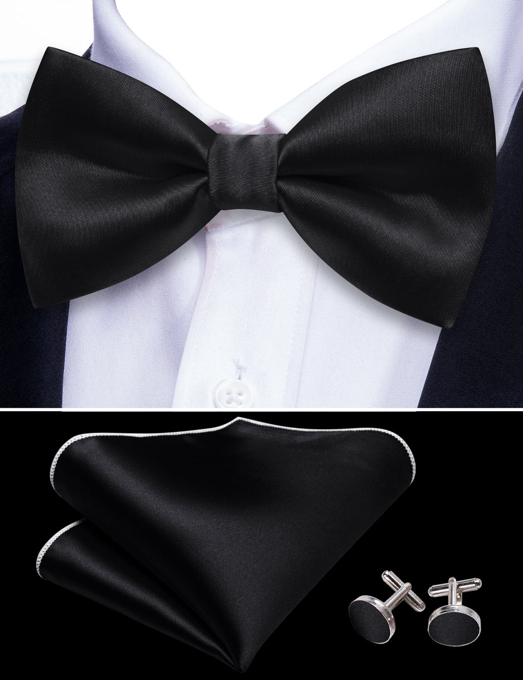 Black Solid Silk Bow Tie Set bow ties    - Sophisticated Gentlemen