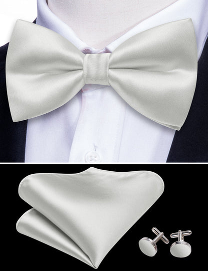 White Grey Solid Satin Bow Tie Set bow ties    - Sophisticated Gentlemen