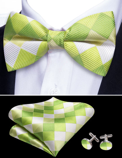 Green White Plaid Silk Bow Tie Set bow ties    - Sophisticated Gentlemen