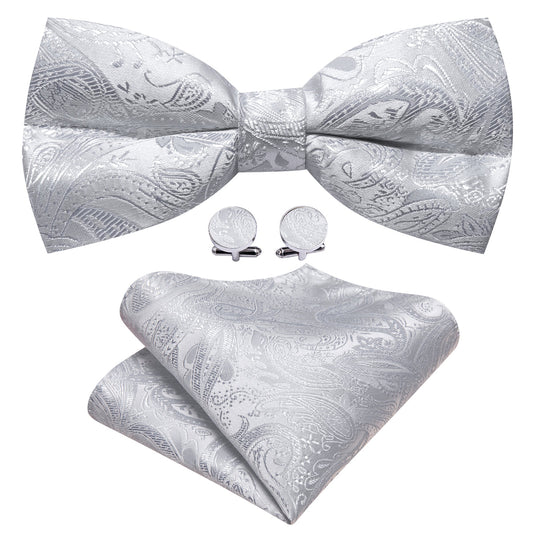 Silver White Paisley Bow Tie Set bow ties    - Sophisticated Gentlemen