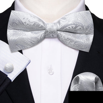 Silver White Paisley Bow Tie Set bow ties    - Sophisticated Gentlemen