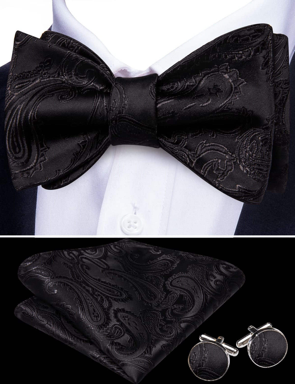 Black Paisley Jacquard Bow Tie Set bow ties    - Sophisticated Gentlemen