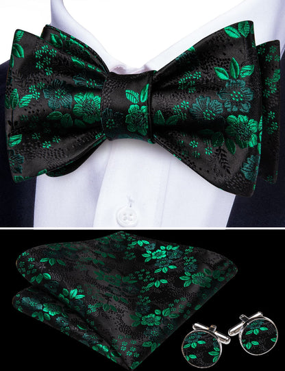 Black Green Floral Bow Tie Set bow ties    - Sophisticated Gentlemen