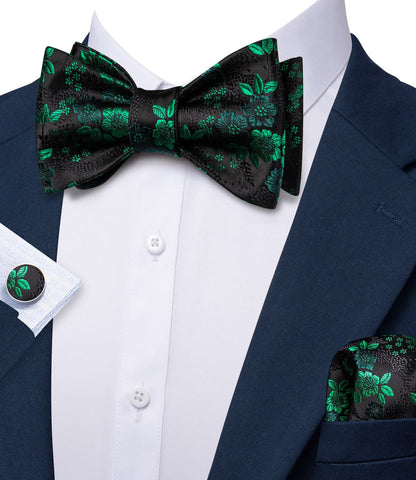 Black Green Floral Bow Tie Set bow ties    - Sophisticated Gentlemen
