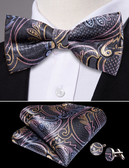 Black Pink Paisley Bow Tie Set bow ties    - Sophisticated Gentlemen