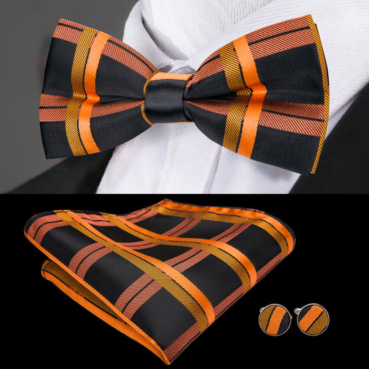 Black Orange Plaid Bow Tie Set bow ties    - Sophisticated Gentlemen