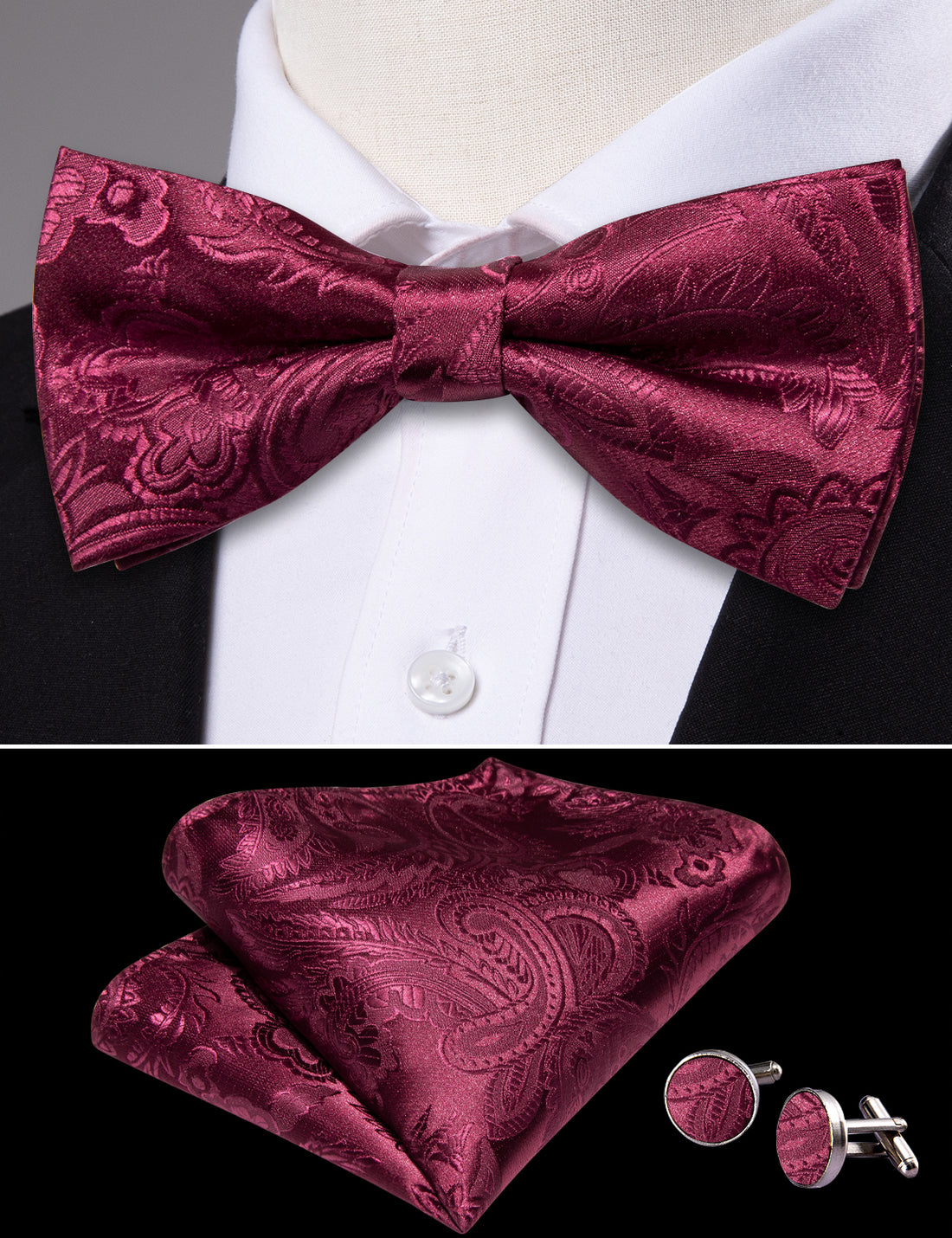 Red Wine Floral Paisley Bow Tie Set bow ties    - Sophisticated Gentlemen