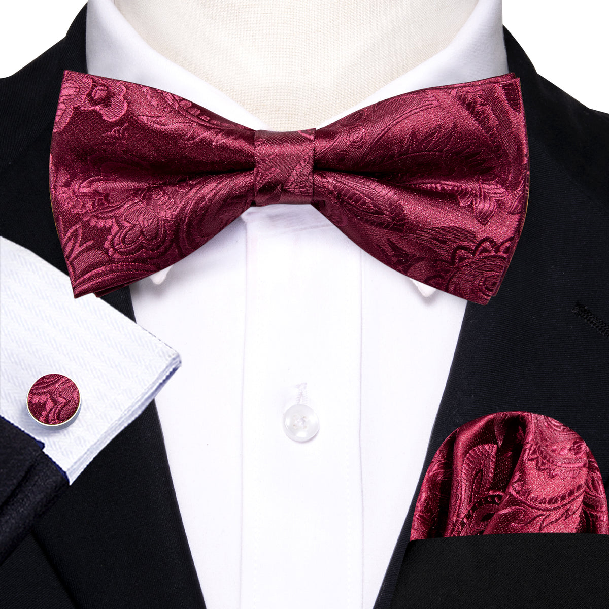 Red Wine Floral Paisley Bow Tie Set bow ties    - Sophisticated Gentlemen