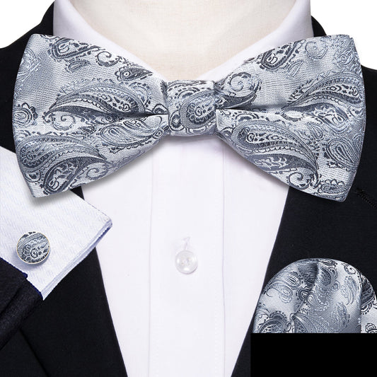 Silver Paisley Bow Tie Set bow ties    - Sophisticated Gentlemen